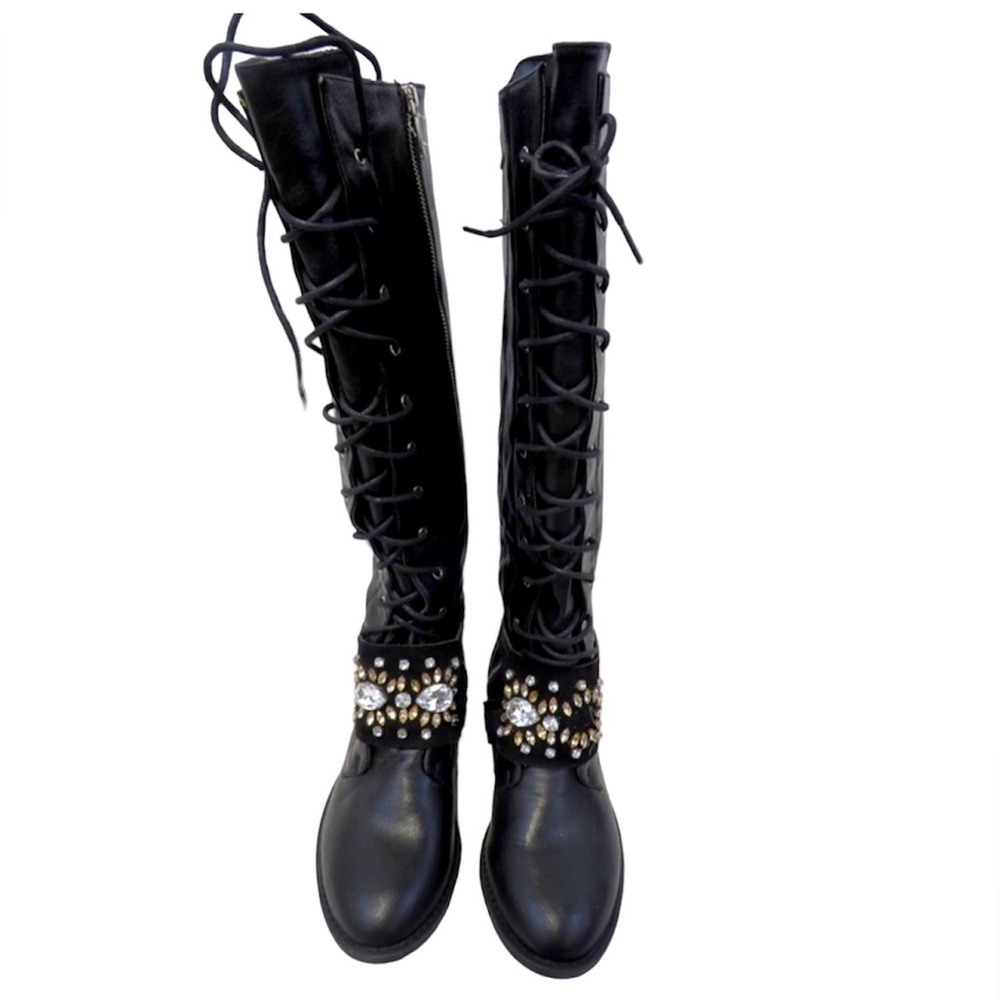 Torrid Black Lace Up Knee High Boots with Gems, Bling NWT Size 8